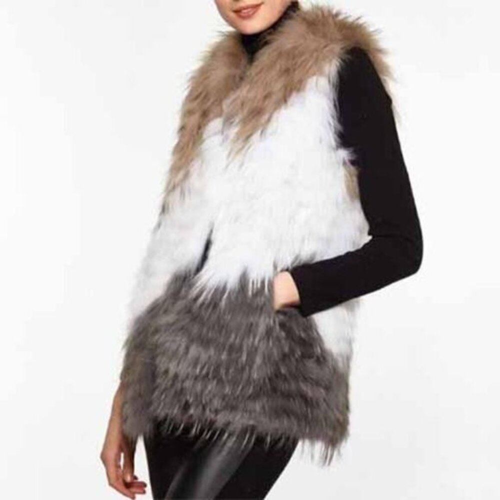 NEW Linda Richards Unique Fox Fur Ombre Deep Pockets Vest Multi Color Sz Medium